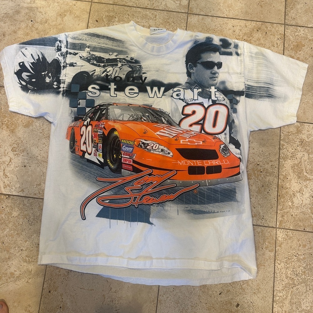 Vintage White 1980s NASCAR Tony Stewart Graphic Racing T-Shirt